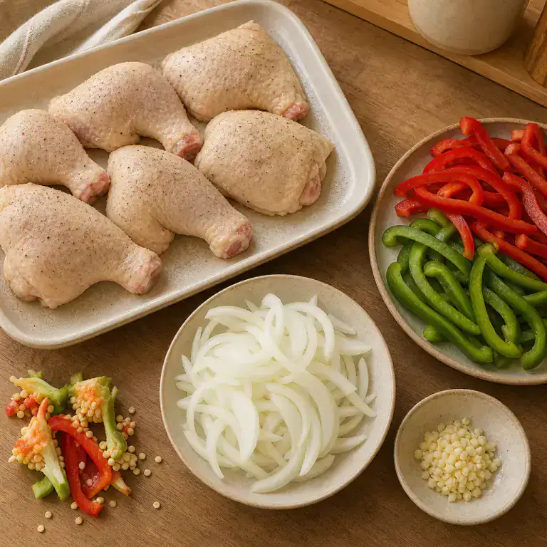 Cuisses de poulet assaisonnées avec poivrons en lanières, oignons et ail