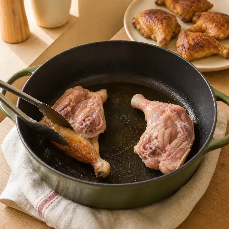 Cuisses de poulet dorant côté peau dans une cocotte