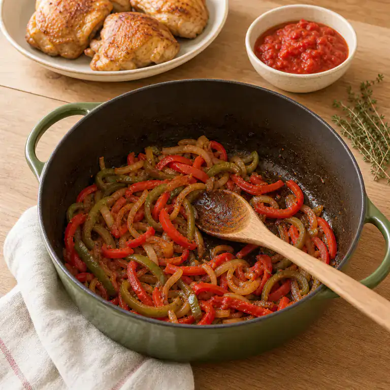 Poivrons et oignons fondants dans la base tomatée de la sauce basquaise