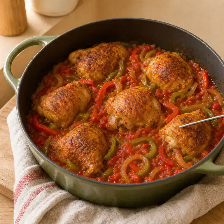 Poulet mijoté peau vers le haut dans la sauce basquaise aux poivrons