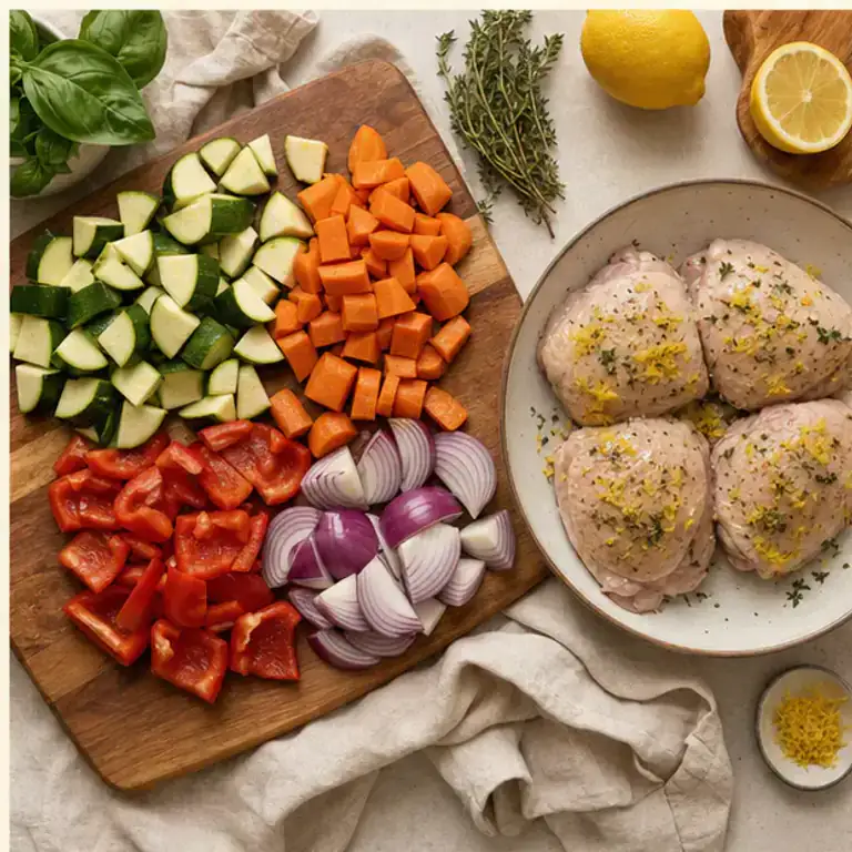 Evenly cut vegetables with chicken seasoned with lemon and thyme