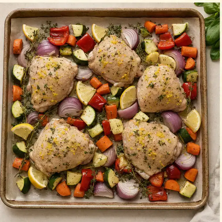 Chicken and vegetables spread in one uncrowded layer on a baking tray