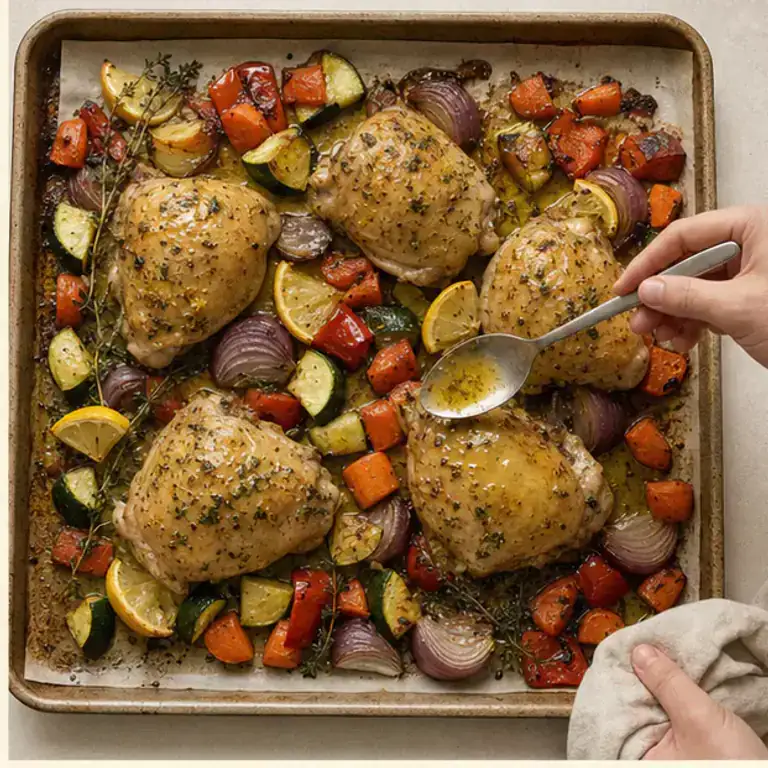 Roasting chicken basted with pan juices and vegetables turned halfway through
