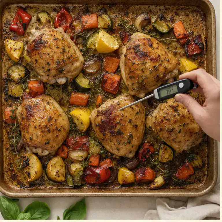 Golden chicken checked with a thermometer beside roasted vegetables