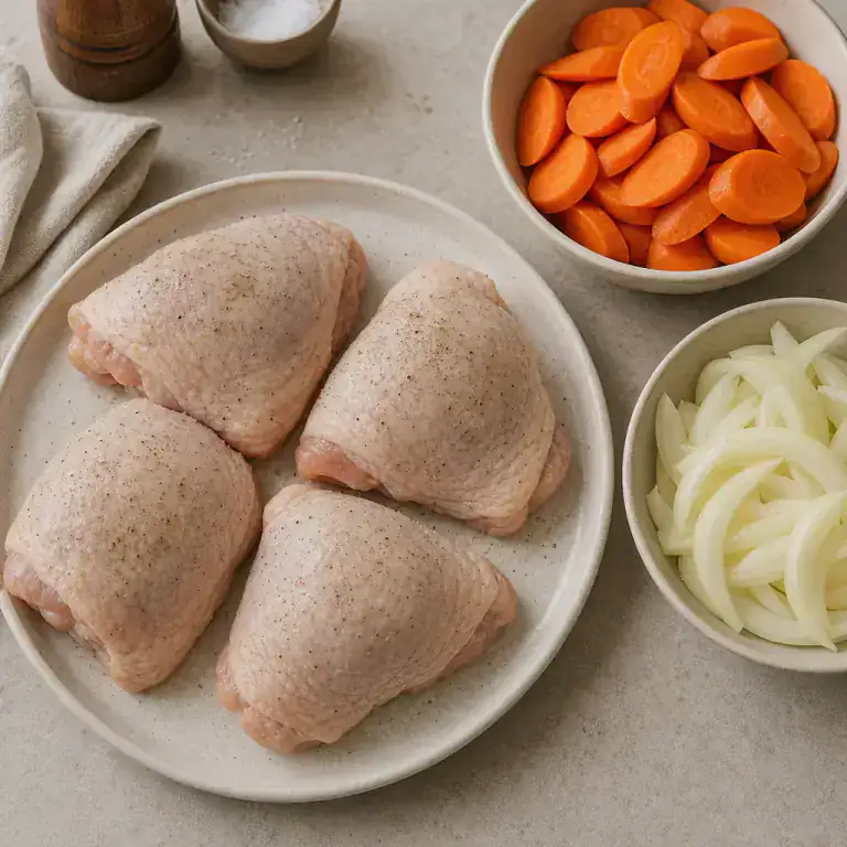 Seasoned raw chicken thighs, diagonally cut carrots and sliced onion ready to cook