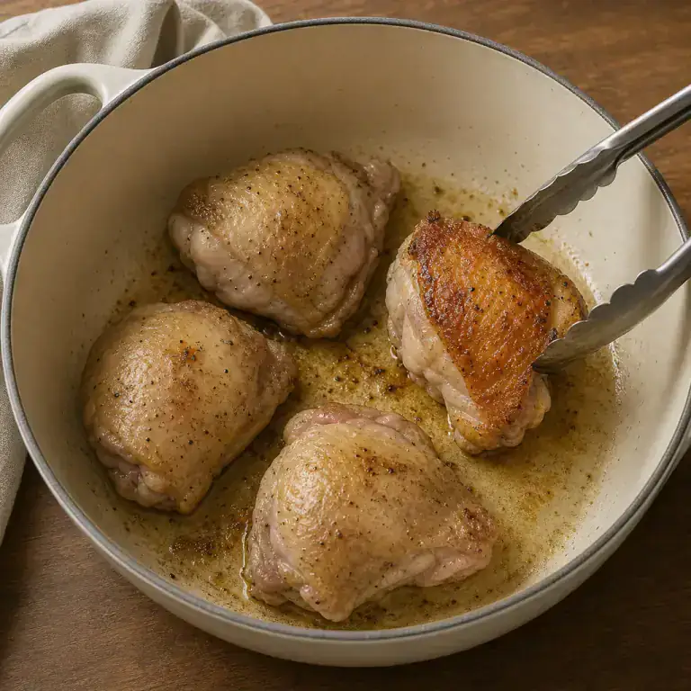 Chicken thighs browning skin-side down in a cream cast-iron casserole