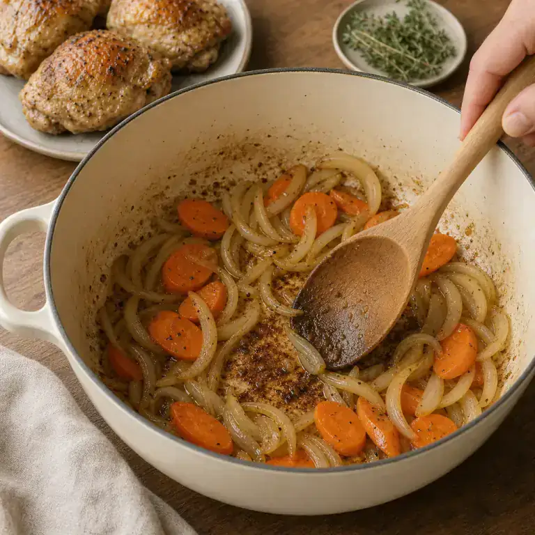 Carrots and onions softening in the casserole with the browned chicken set aside