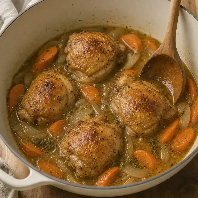 Chicken thighs, carrots, onion and thyme gently braising in stock in the casserole