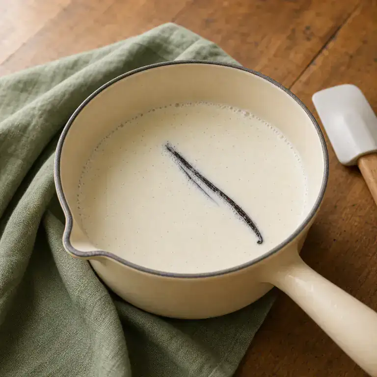 Lait chauffé avec graines et gousse de vanille jusqu’aux premières bulles