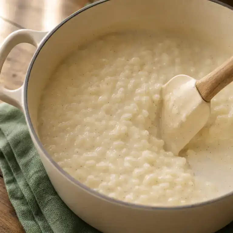 Riz rond gonflant à feu doux dans le lait vanillé à peine frémissant
