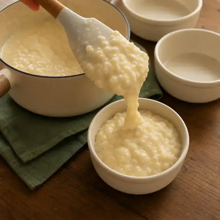 Riz au lait crémeux retombant de la spatule avant d’être réparti dans les pots