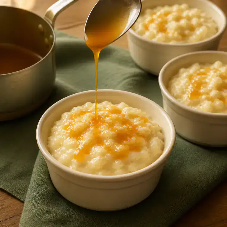 Filet de caramel blond-ambré versé sur des pots de riz au lait refroidis