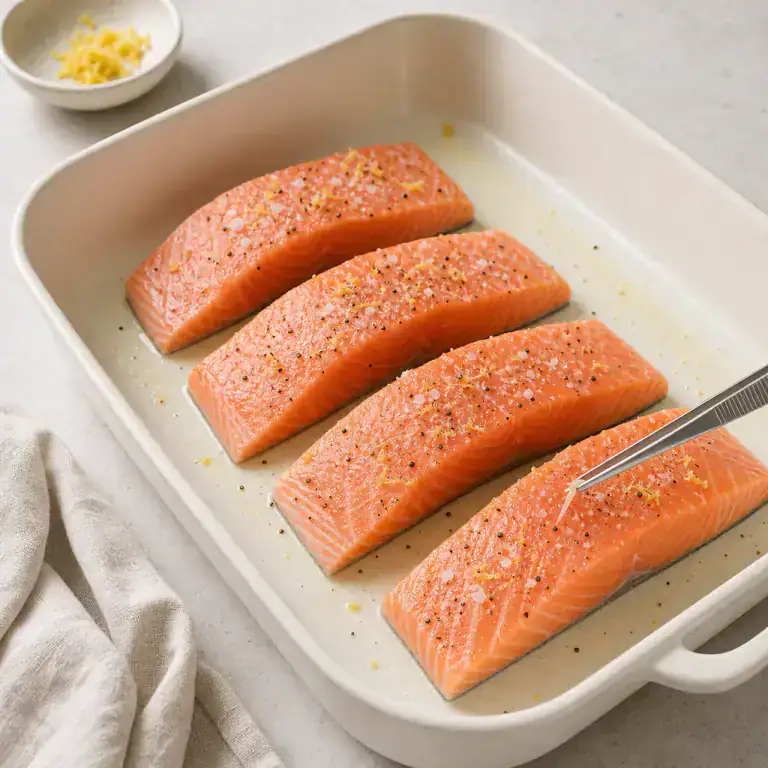 Quatre pavés de saumon crus assaisonnés et espacés dans un plat huilé