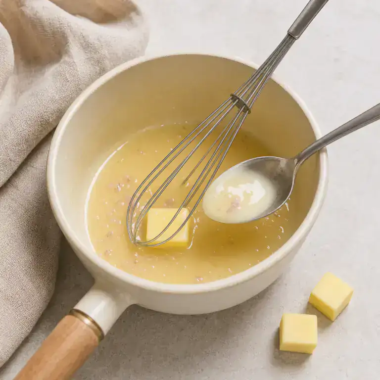 Beurre froid incorporé au fouet dans une sauce beurre blanc brillante