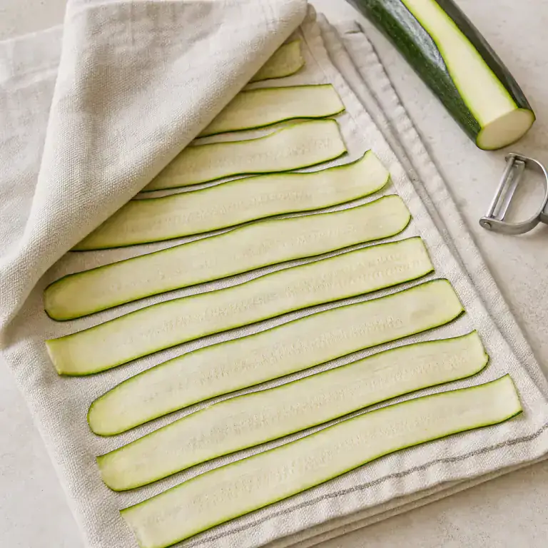 Slice and drain: After draining, the ribbons are pliable and no longer glisten with water.