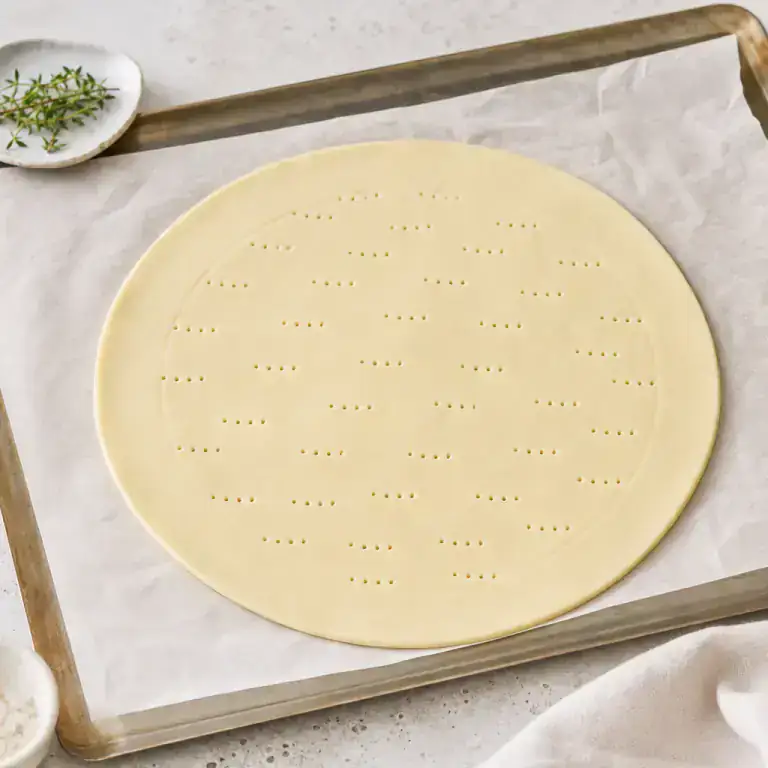 Round puff-pastry disc docked in the centre with its border left intact