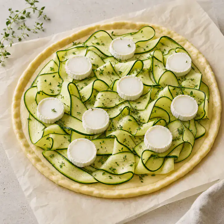 Courgette ribbons, goat-cheese rounds and thyme spread over the raw pastry