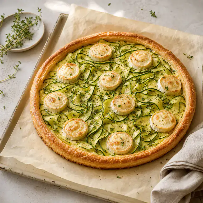 Golden round courgette and goat-cheese tart with a well-risen puff-pastry edge