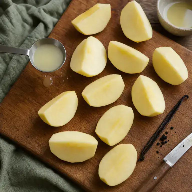 Quartiers épais de pommes pelées avec jus de citron et graines de vanille