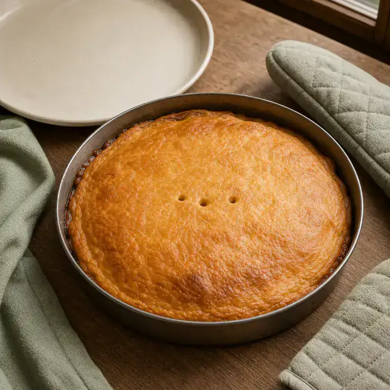 Pâte feuilletée dorée couvrant la Tatin dans son moule avant retournement